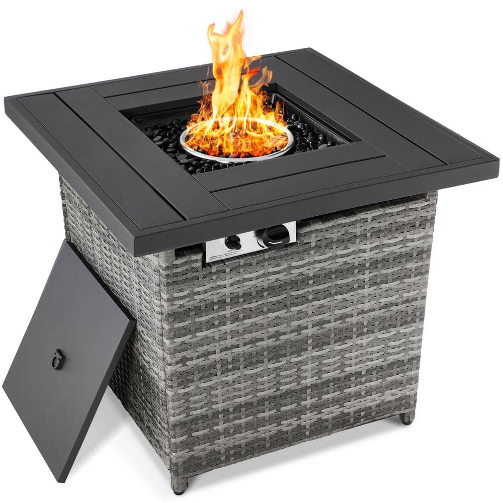 Best Choice Products 28 in Ash Gray Square Wicker Outdoor Propane Gas Fire Pit Table w Faux Wood Tabletop