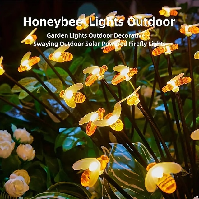 Solar Bee Firefly Lights Outdoor Waterproof Two Modes of Persistent Light and Flashing 6/8/10 Heads Warm White