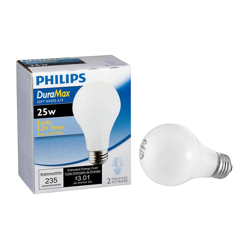 Philips 25-Watt A19 Dimmable DuraMax Long-Life Incandescent Light Bulb Soft White (2450K) (2-Pack) 168682