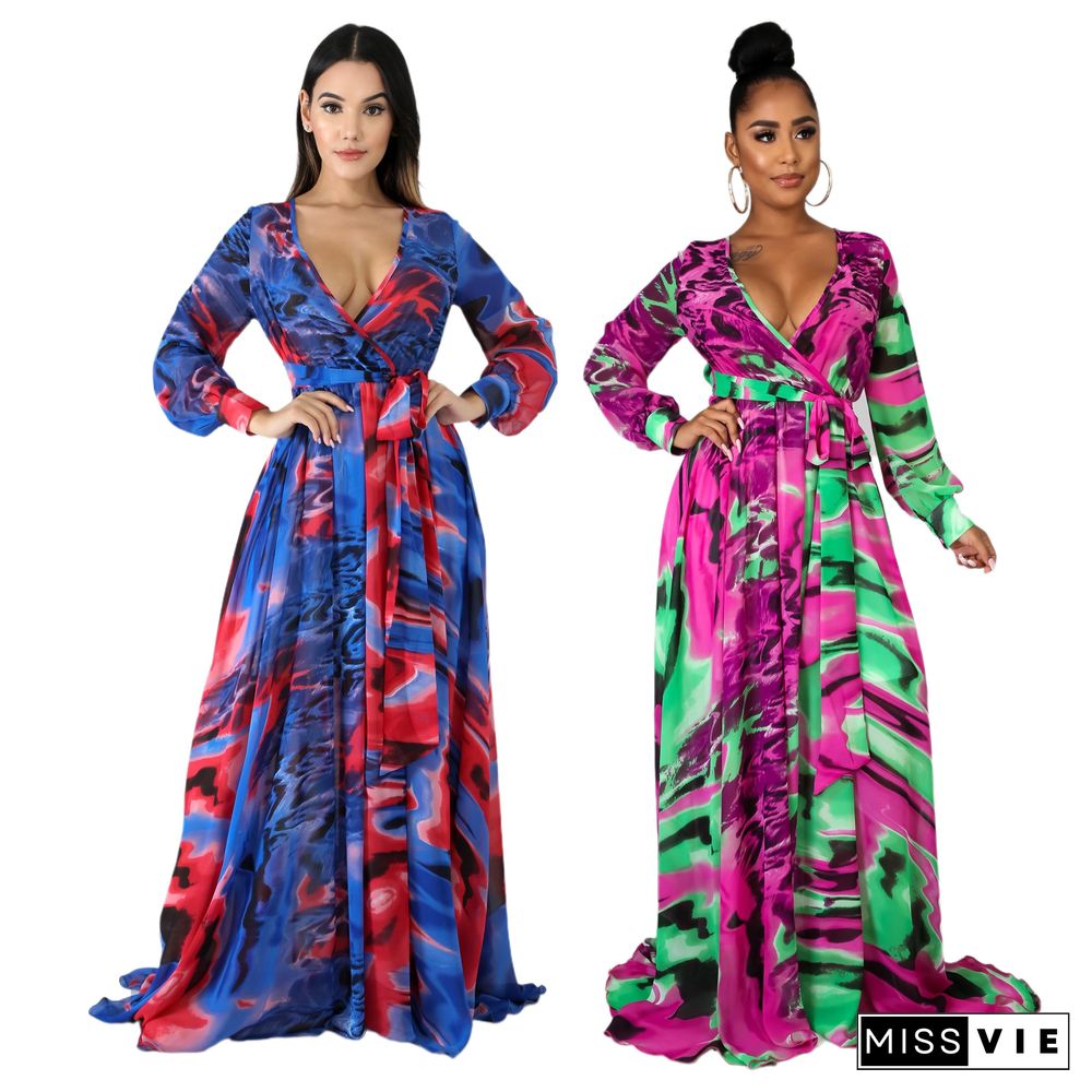 Summer Vacation Printed Long Sleeve Deep V Neck With Waist Belt A Line Women Maxi Dress