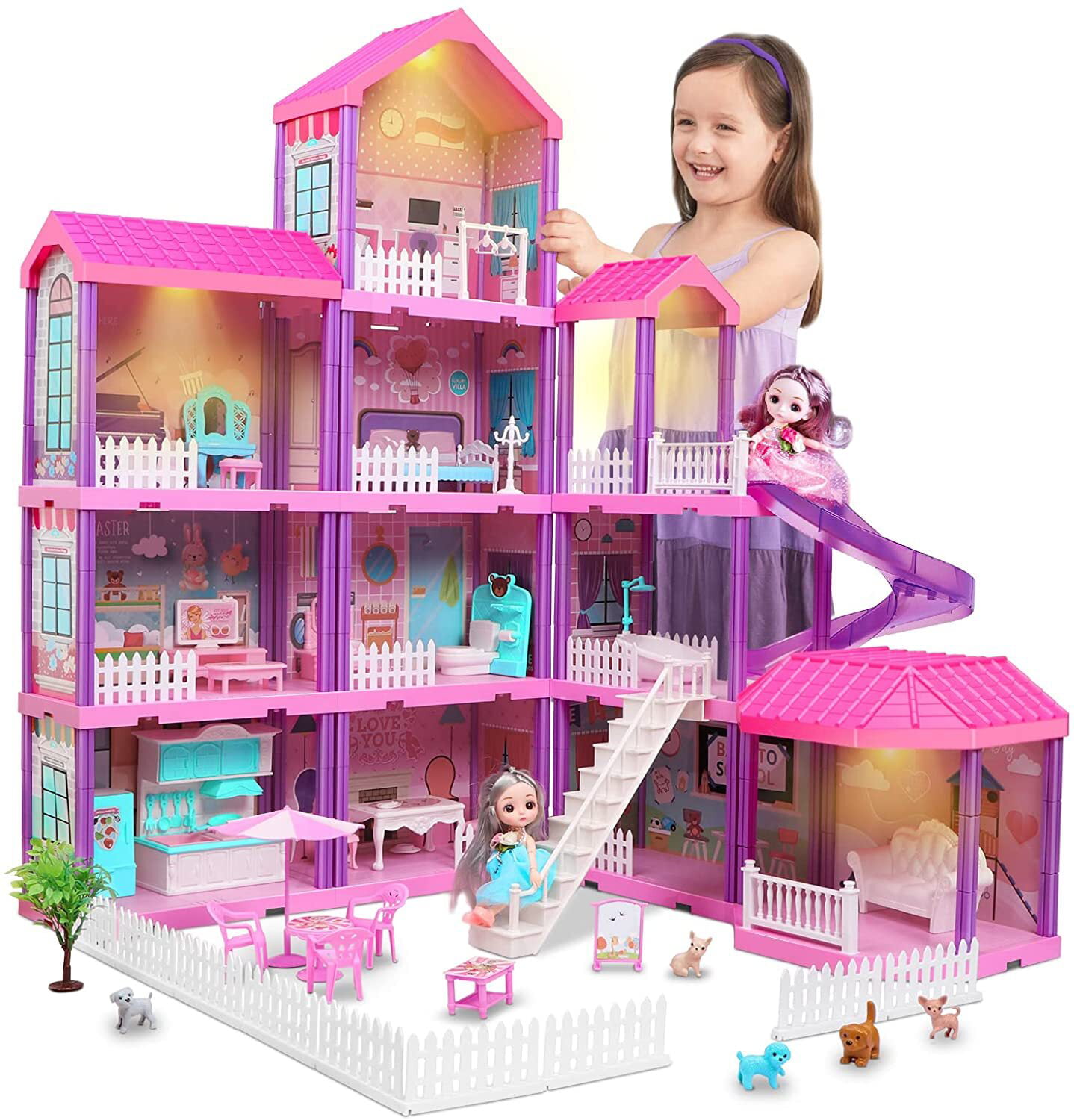 Beefunni 36 inch Dollhouse， with Slide， Dolls and 11 Rooms， Creative Dollhouse Toys for Girls， Gift for 3 to 8 Year Old， Assembly Required