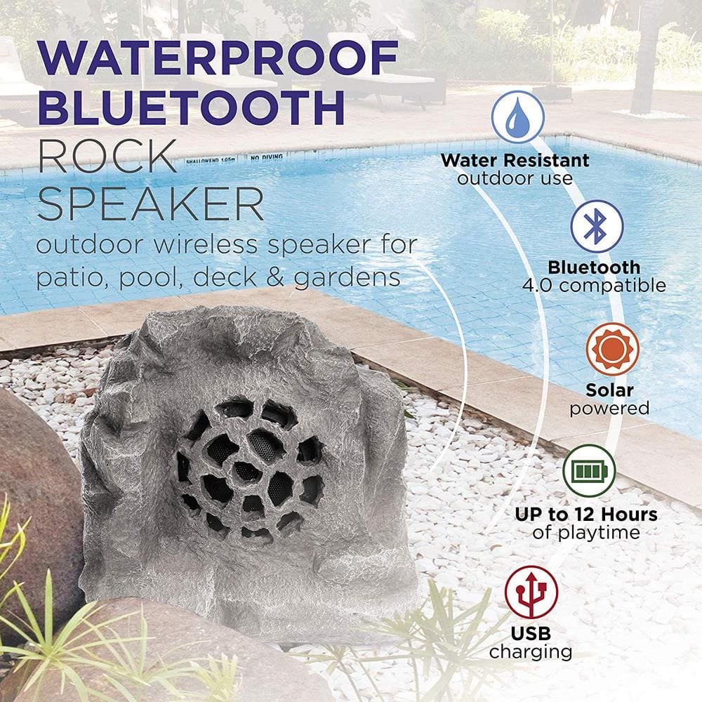 Alpine Corporation Weather-resistant Bluetooth Solar-Powered Outdoor Wireless Rock Speaker, Gray QLP542SLR-GR