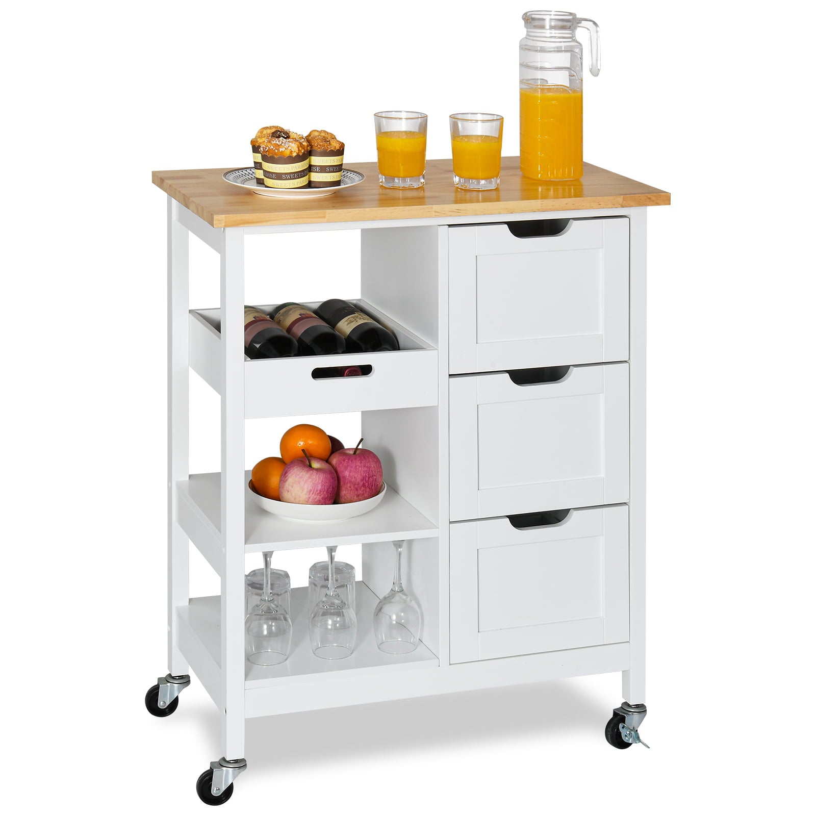 YITAHOME Mobile Rolling Kitchen Island Cart with Cabinet and Drawers and Towel Bar with 3 Drawers and 3 Storage Shelves， Solid Wood，White