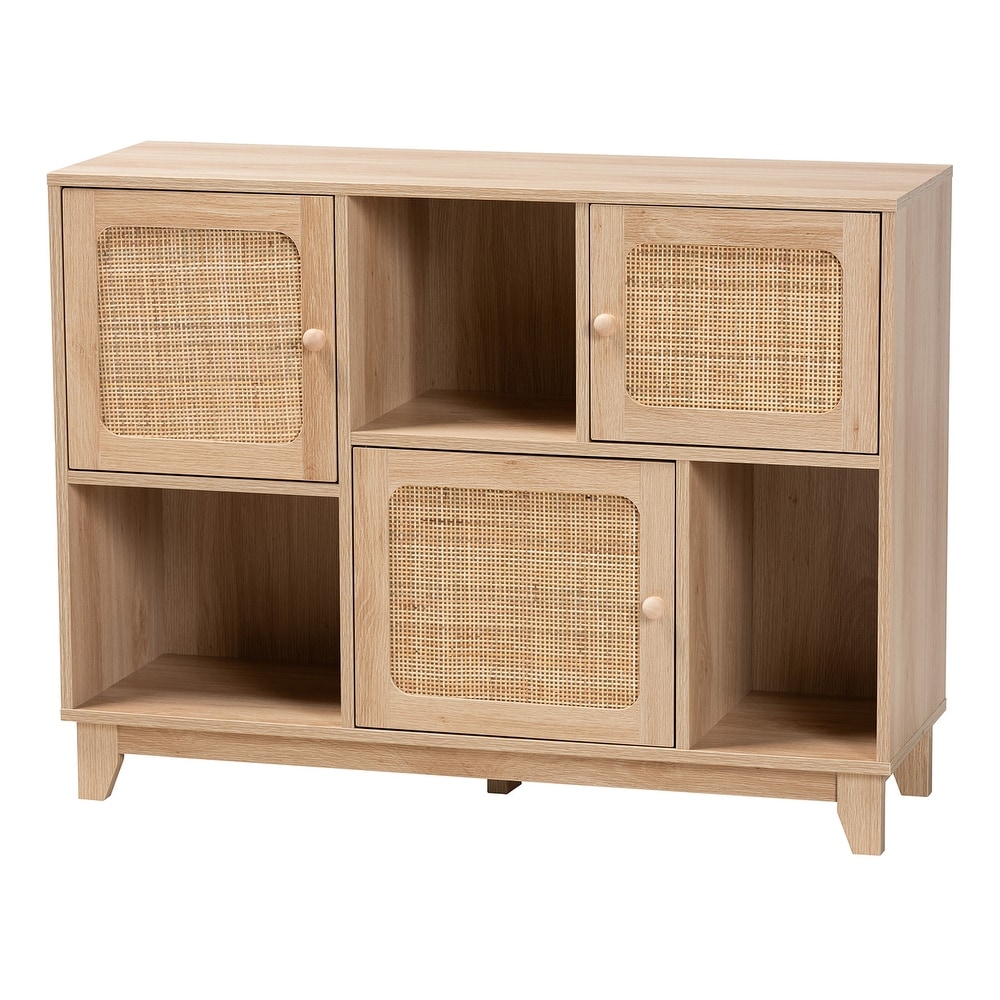 Elsbeth Mid Century Modern Light Brown Finished Wood and Natural Rattan 3 Door Sideboard