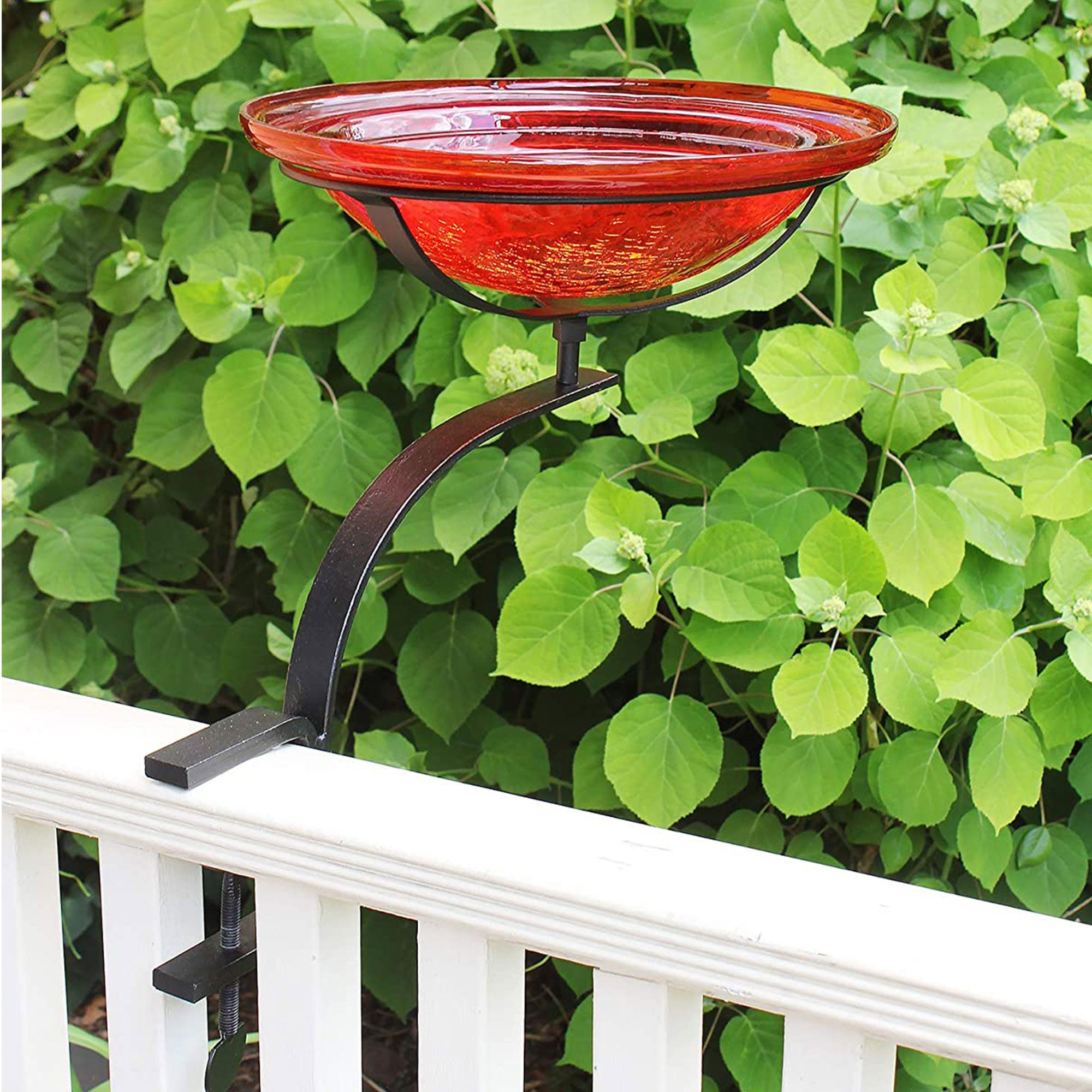 Crackle Glass Bowl Birdbath Decoration with Rail Mount, Tomato Red (Open Box)