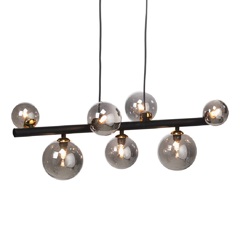 Oaks 4284/7 BK Black & Gold Vintage 7 Lamp Bar Pendant with Smoked Glass Shades