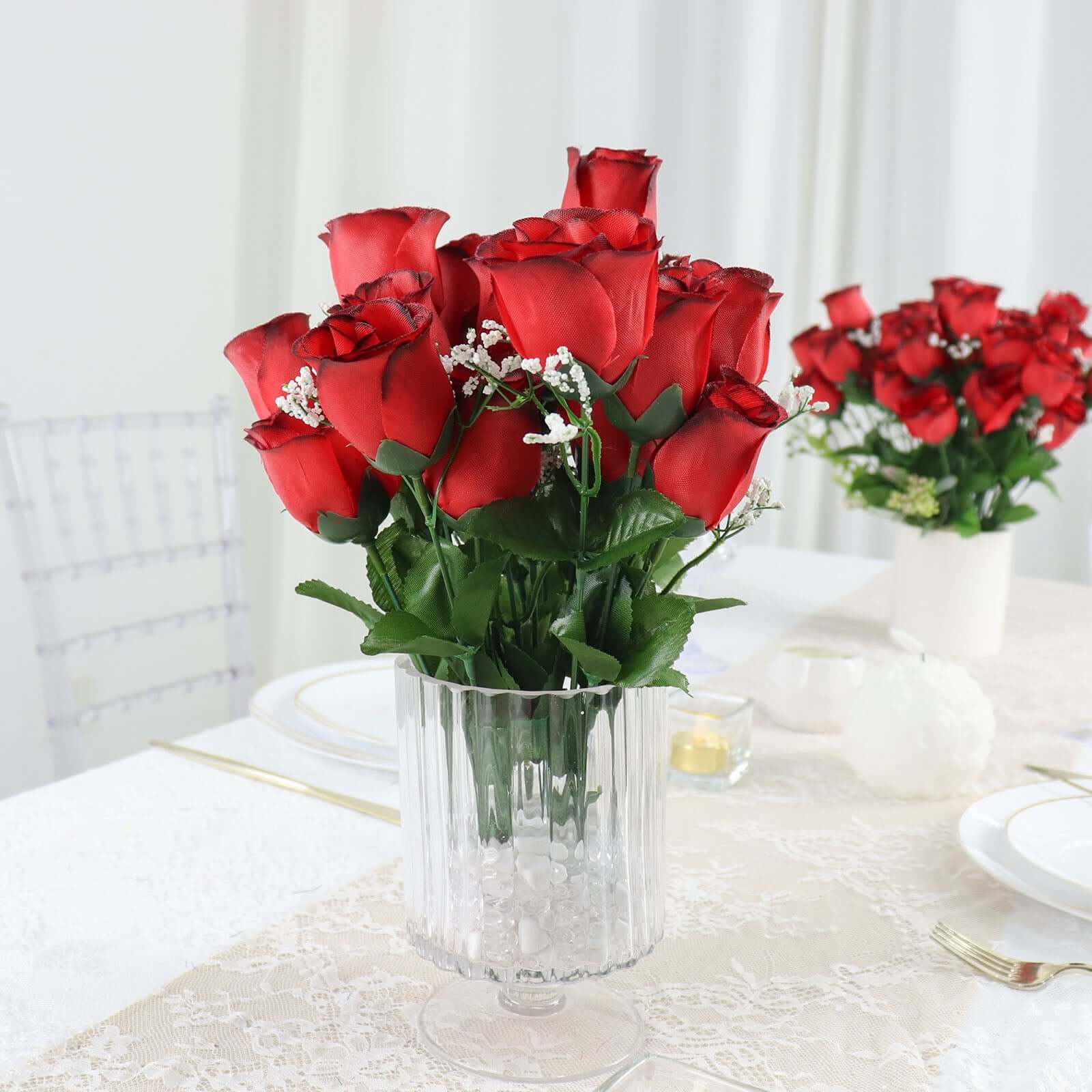 12 Bushes Red, Black Artificial Premium Silk Flower Rose Bud Bouquets