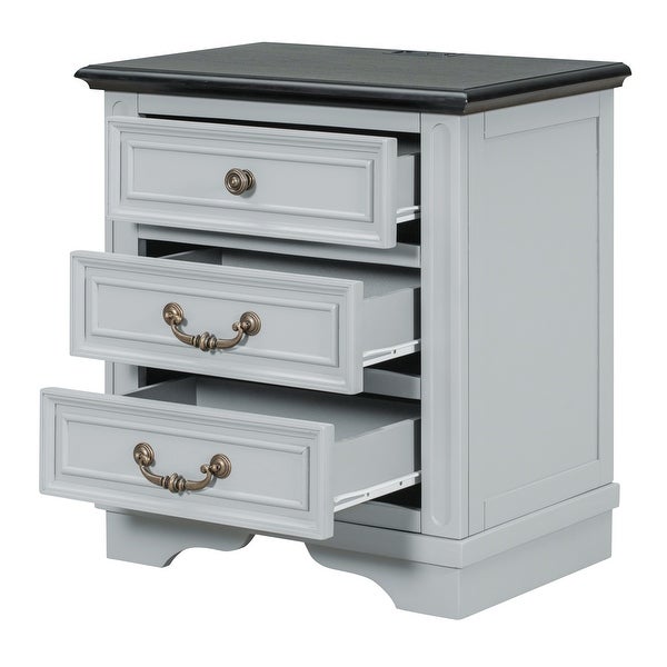 Modern Vintage Nightstand with 3 Drawers， Premium Top， 4 legs， Bedside Table - - 37797714