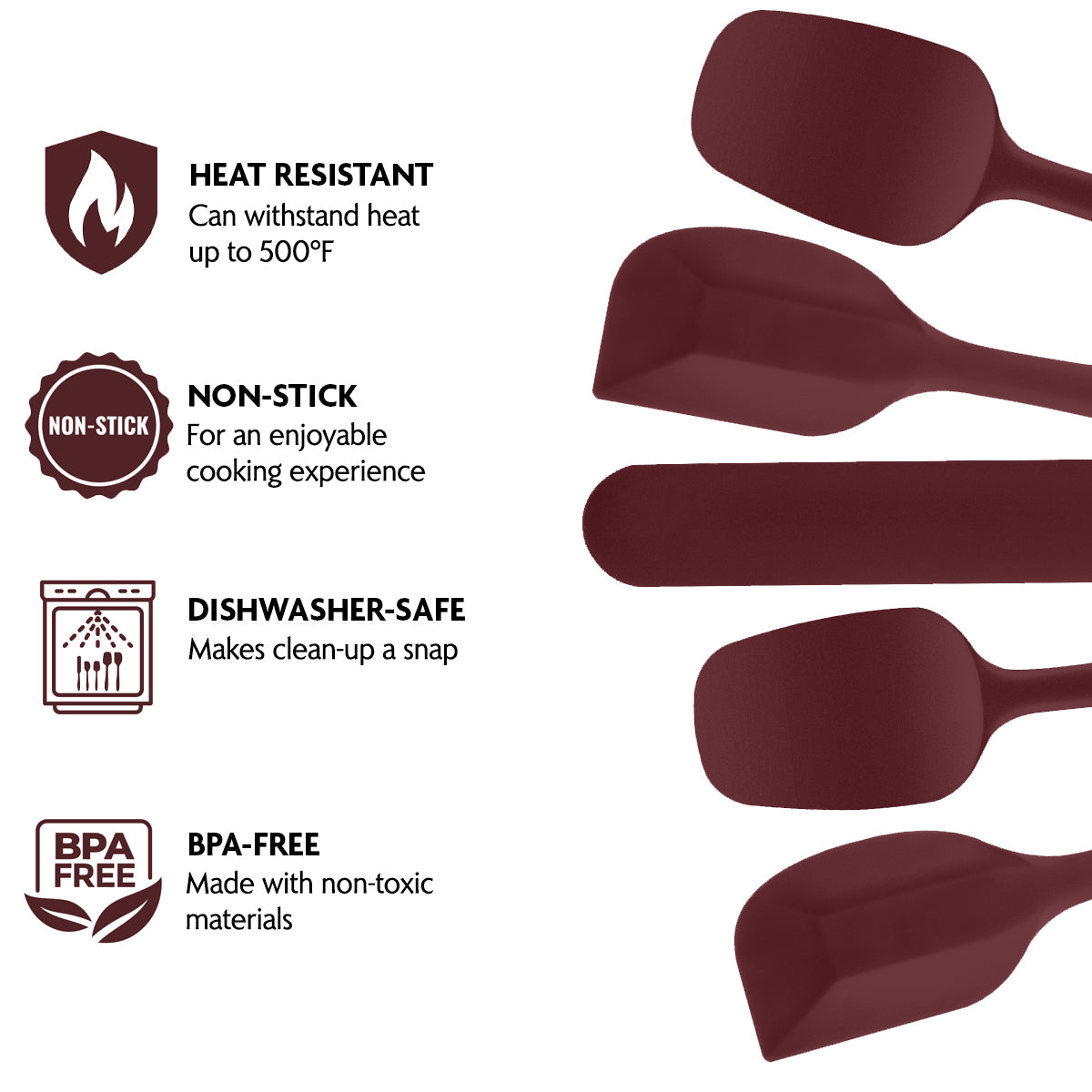 Ovente 5 Pieces Non-Stick Silicone Spatula Set with Heat Resistant & Stainless Steel Core, Dishwasher Safe Premium Utensils with Seamless Design Perfect for Baking Cooking & Mixing, Red SP12305R