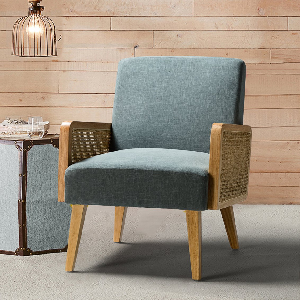 Retro Accent Chair  Natural Wooden Arms With Wicker Accent and Velvet Seat   Tropical   Armchairs And Accent Chairs   by Declusia  Houzz