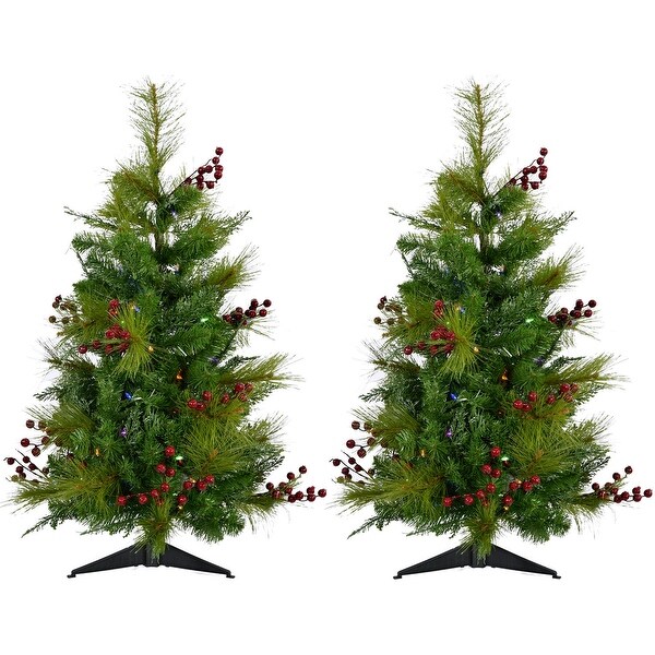 Christmas Time Set of Two 2Ft. Red Berry Mixed Pine Artificial Trees with BatteryOperated MultiColored LED String Lights