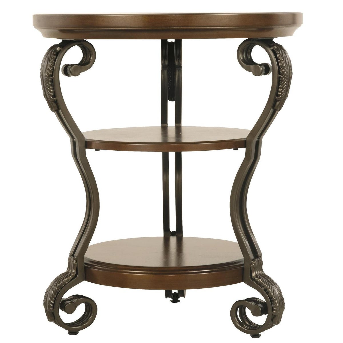 Chair Side End Table with 2 Open Shelves and Scrolled Metal Base， Brown - 25.75 H x 21.88 W x 21.88 L Inches