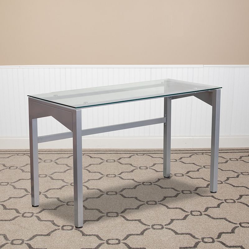 Emma and Oliver Contemporary Clear Tempered Glass Desk with Geometric Sides and Silver Frame