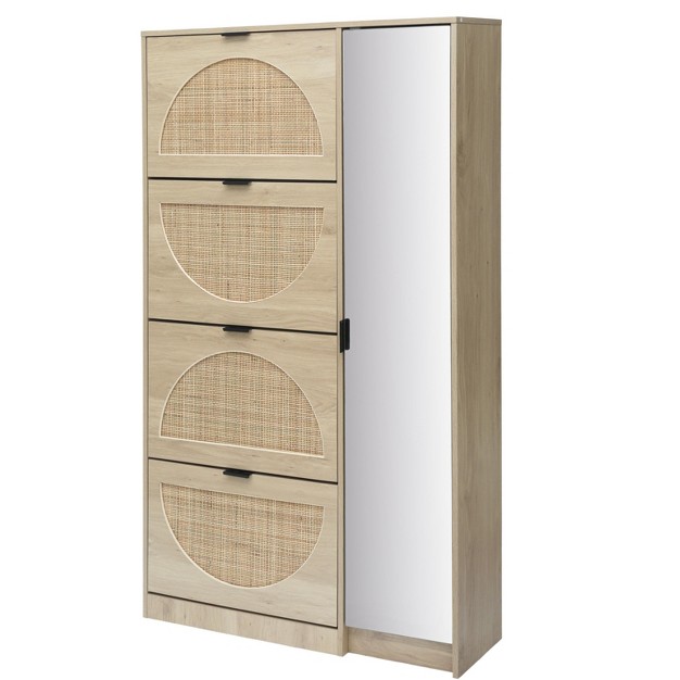 Arina 63 9 x27 x27 H X 37 x27 x27 W X 9 45 x27 x27 D Farmhouse Natural Rattan Shoe Cabinet For 16 Pairs Design Mirror With 4 Flip Down Drawers The Pop Maison