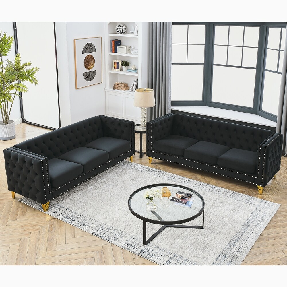 Classic Velvet Chesterfield Sofa Set with Nailhead Trim (Solid Wood Frame  3 Seaters)