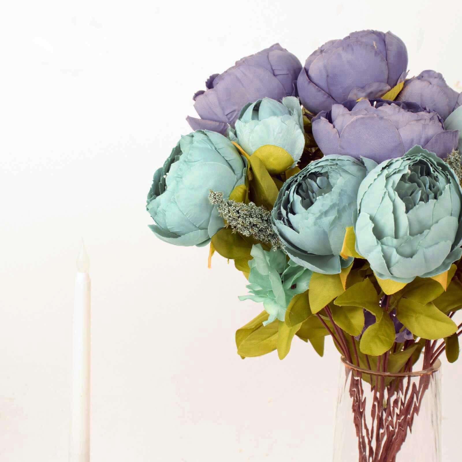 2 Pack Dusty Blue Artificial Peony Flower Wedding Bouquets, Faux Silk Flower Arrangements 19