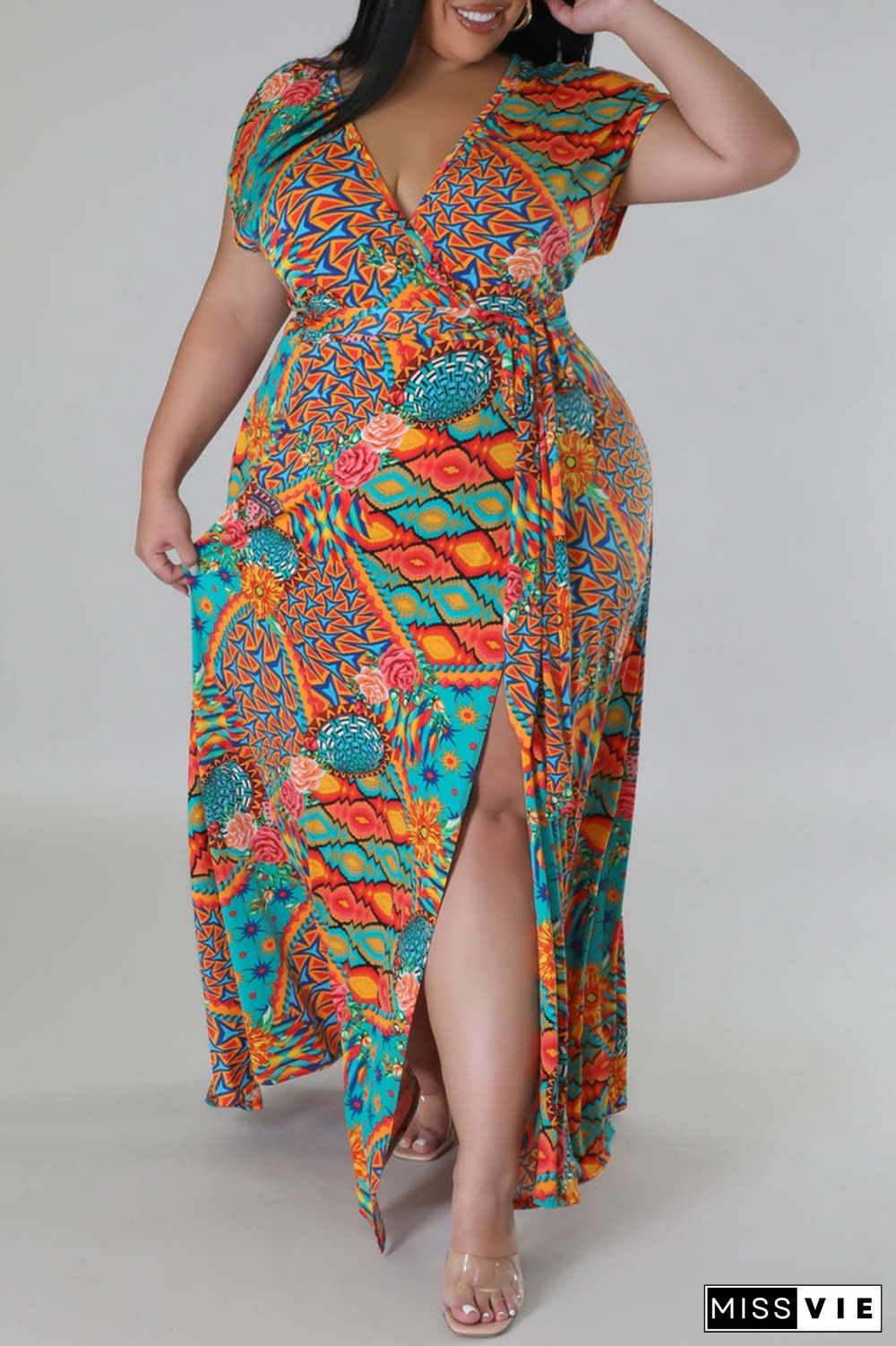 Multicolor Casual Print Slit V Neck Short Sleeve Dress Plus Size Dresses