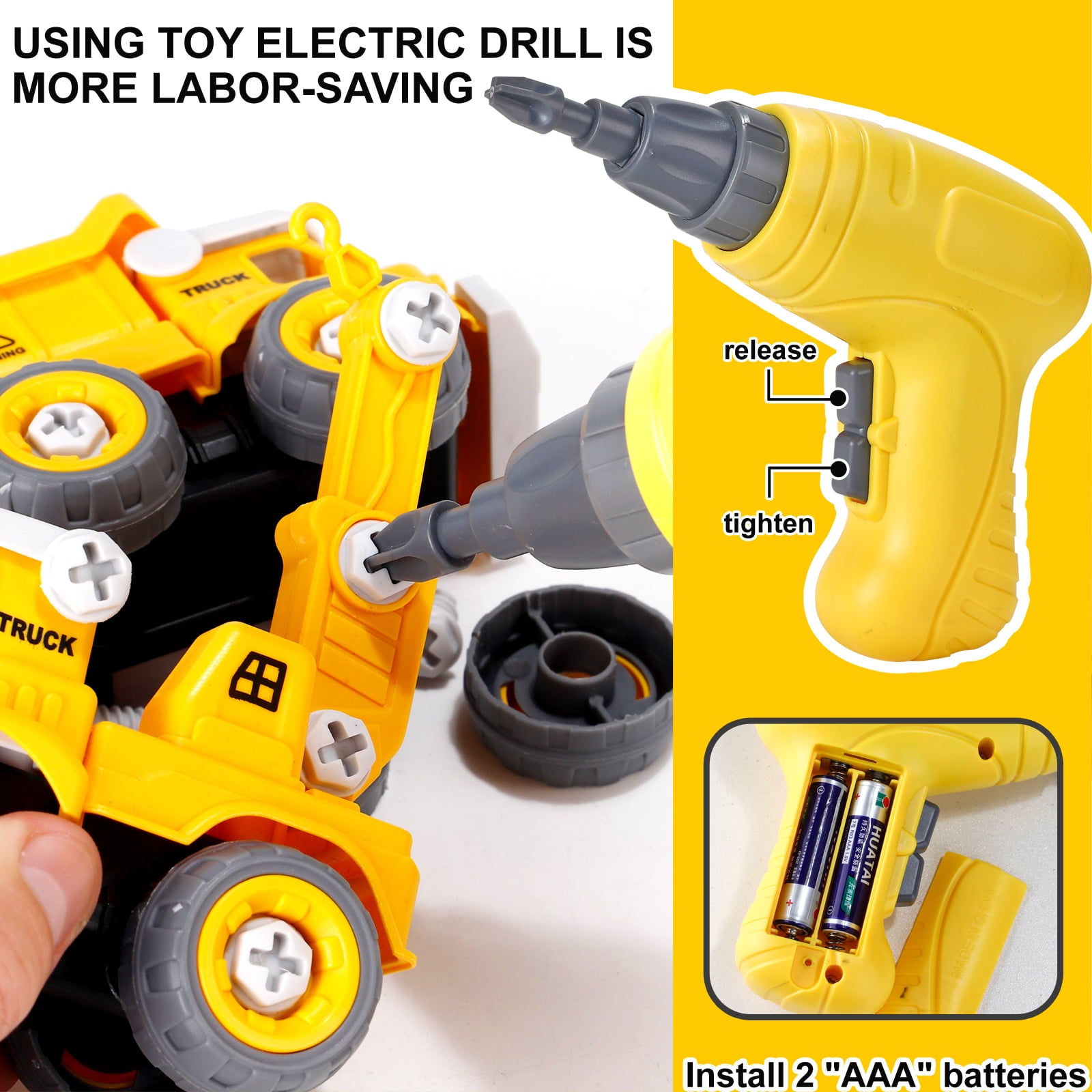 Take Apart Construction Truck Cars Toys for 2 3 4 5 Years Old Toddlers Boys Big Transport Carrier Truck with 4 Small Take Apart Engineering Trucks and Drills Toys with Sound and Light