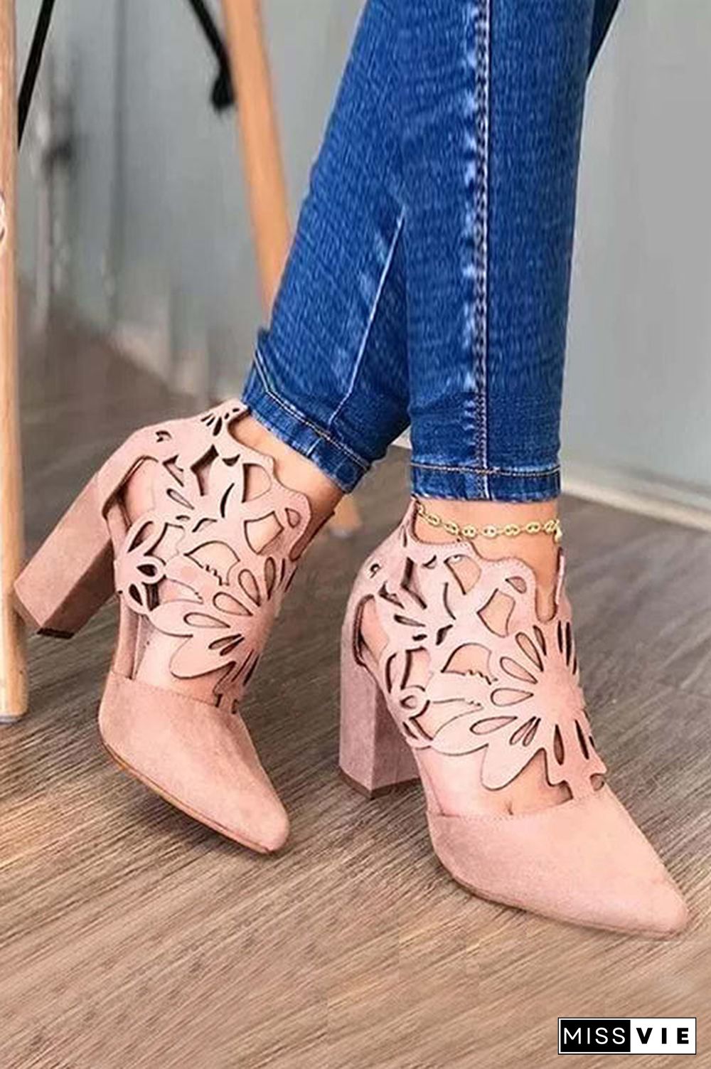 Hollow Pointed Toe Chunky Heel Sandals