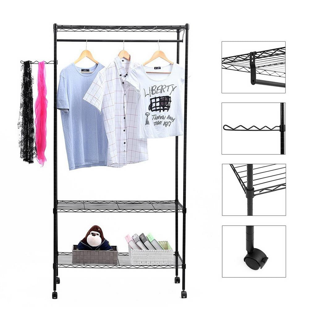 Ktaxon Heavy Duty Rolling Garment Rack Portable Hanging Rod Clothing Rack with Adjustable Shelves & Wheels, 3-Tier Closet Wardrobe Storage Organizer Unit Black