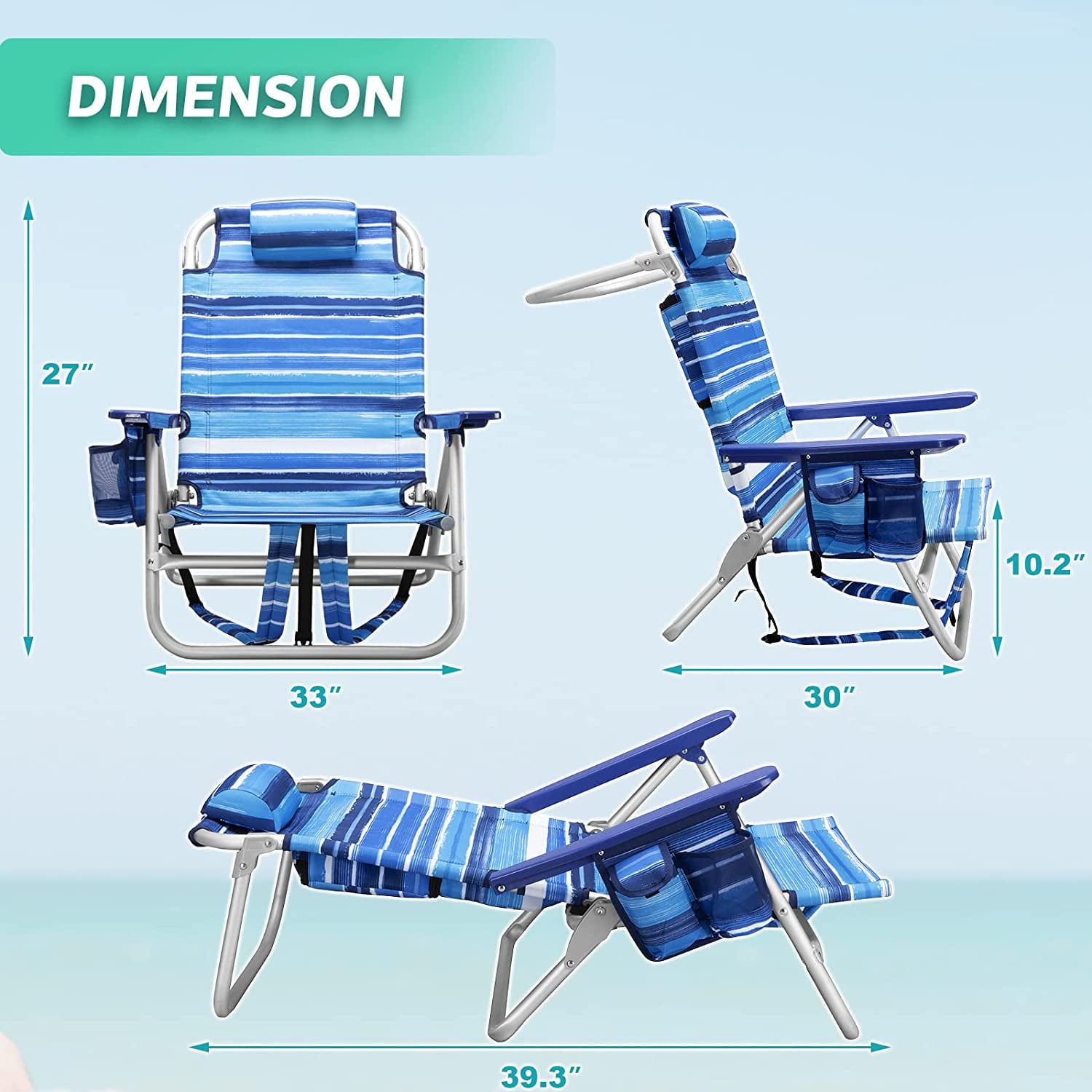 Waleaf Heavy Duty Folding Tall Backpack Beach Chair，High Back Beach Chairs for Adults，5-Position Lay Flat Beach Chairs with Headrest， Towel Bar， Cooler Bag， Storage Bag， Cup Holder and Phone Holder