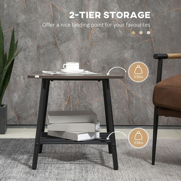 HOMCOM Side Table with 2-Tier Storage， End Table with Metal Frame for Living Room