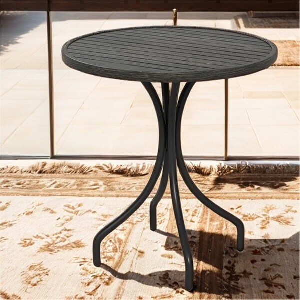 Outdoor Round Side Table with Steel Frame and Slat Tabletop