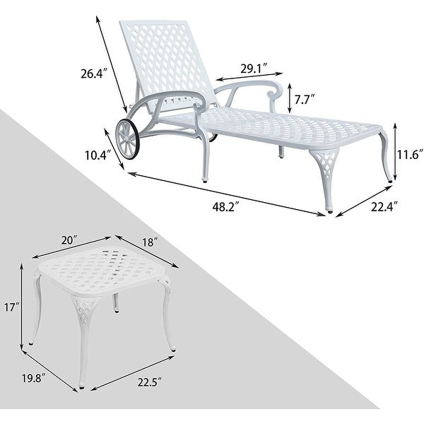 3-Piece Aluminum Reclining Outdoor waterproof Chaise Lounge with Wheels And Table