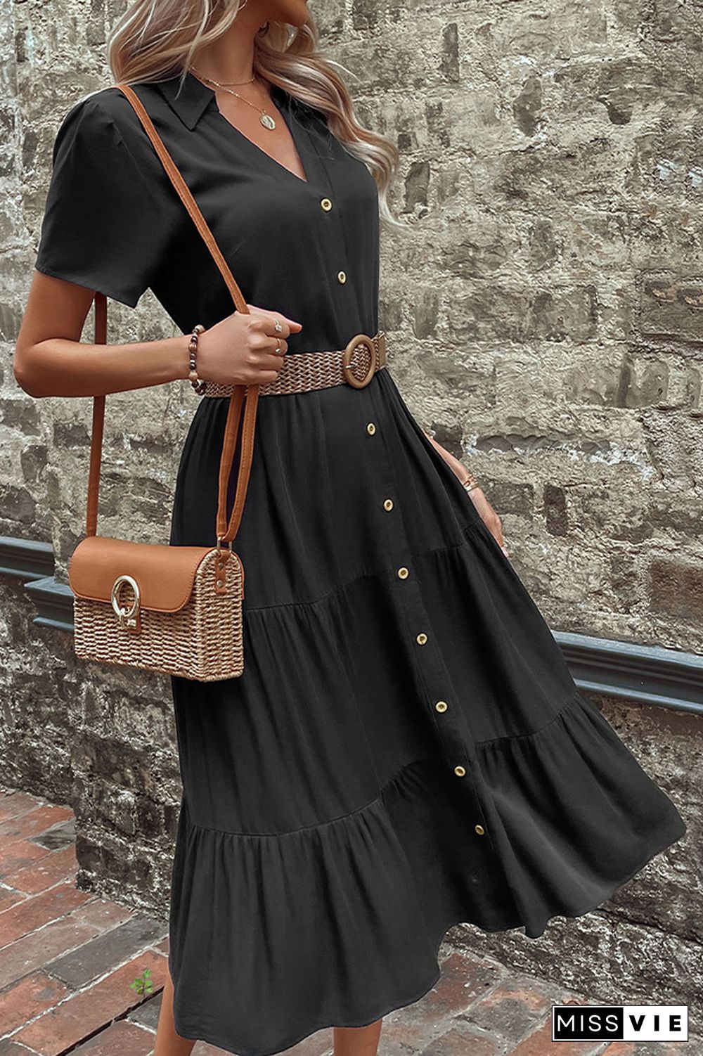 Black V Neck Open Button Tiered Midi Dress