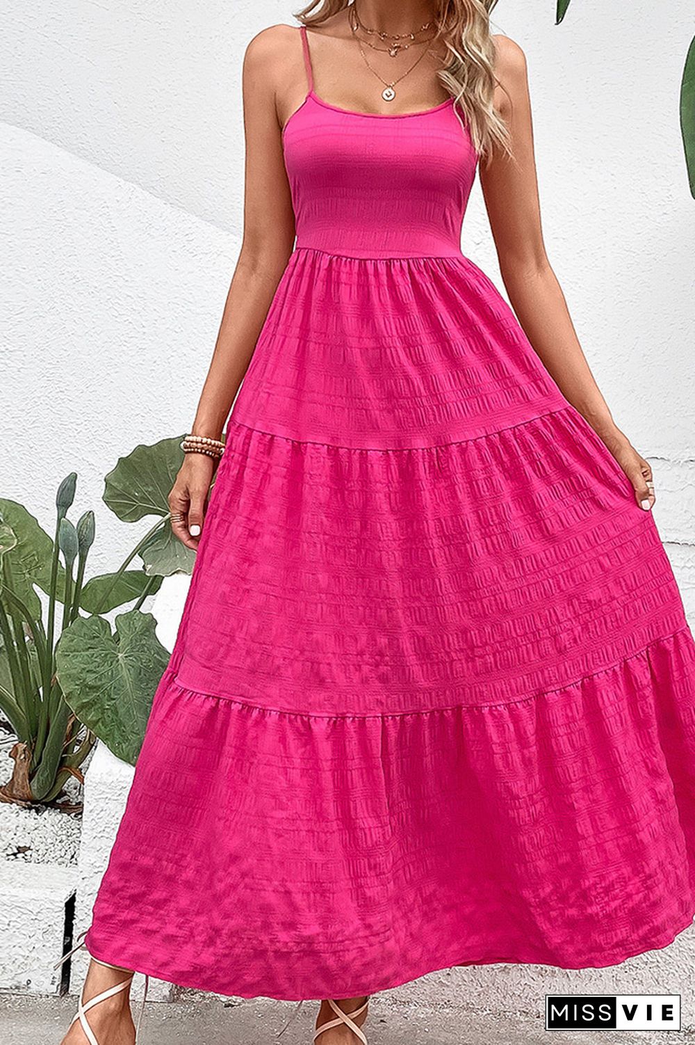 Rose Textured Tiered Spaghetti Strap Maxi Dress