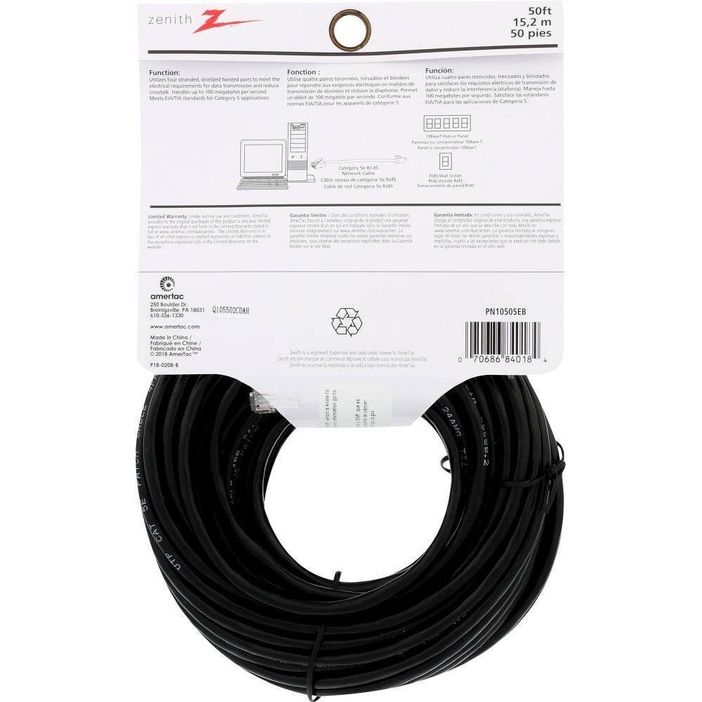 Zenith 50 ft. CAT5e RJ45 Ethernet Network Cable Black PN10505EB