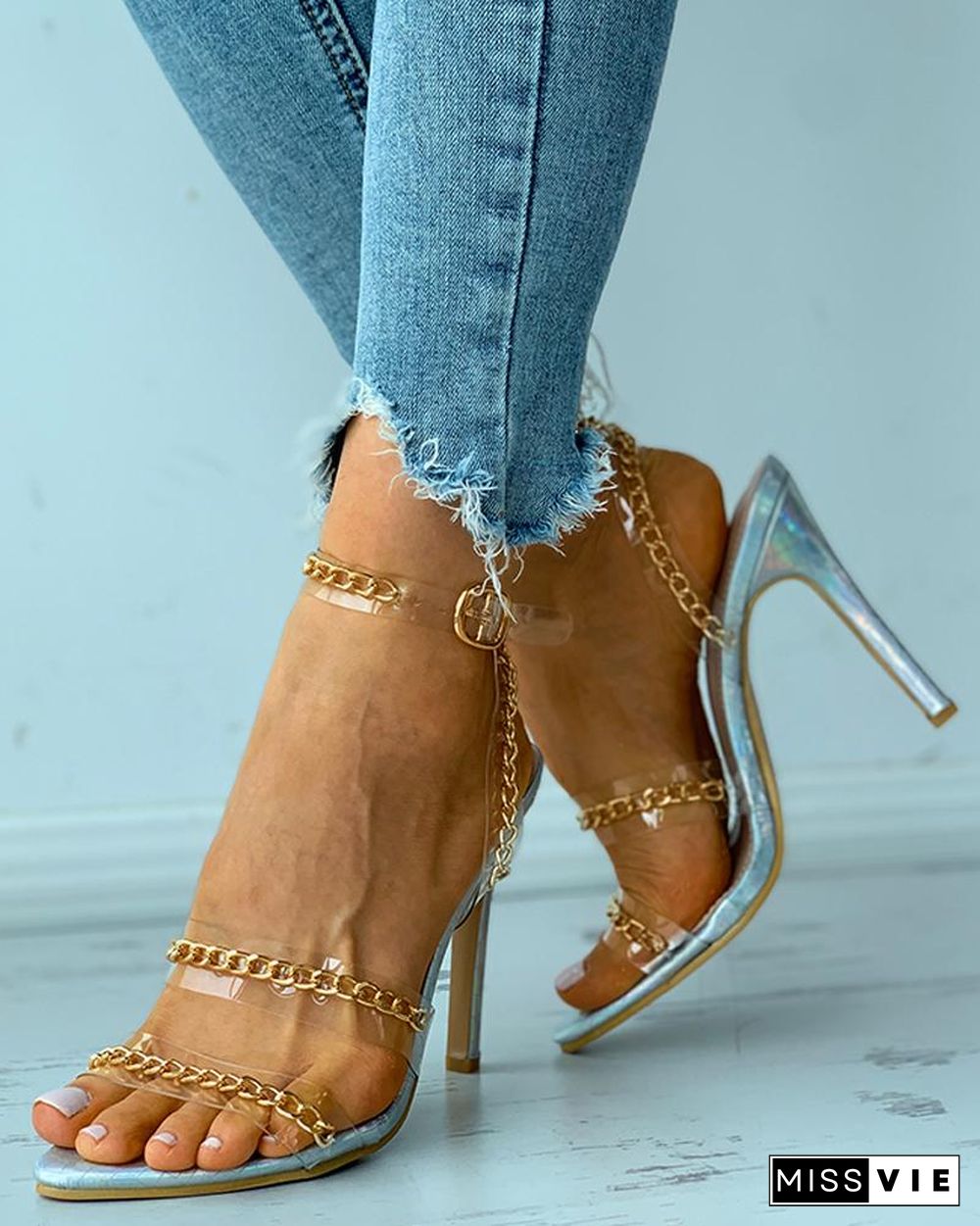 Clear Chain Decor Pointed Toe Stiletto Heels