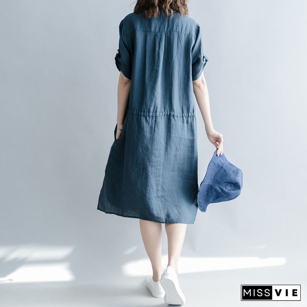 boutique navy linen dresses oversize linen clothing dresses short sleeve pockets Turn-down Collar midi dress