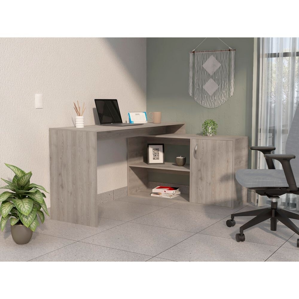 Light Grey Finish Contemporary L Shaped Writing Desk with Abundant Storage