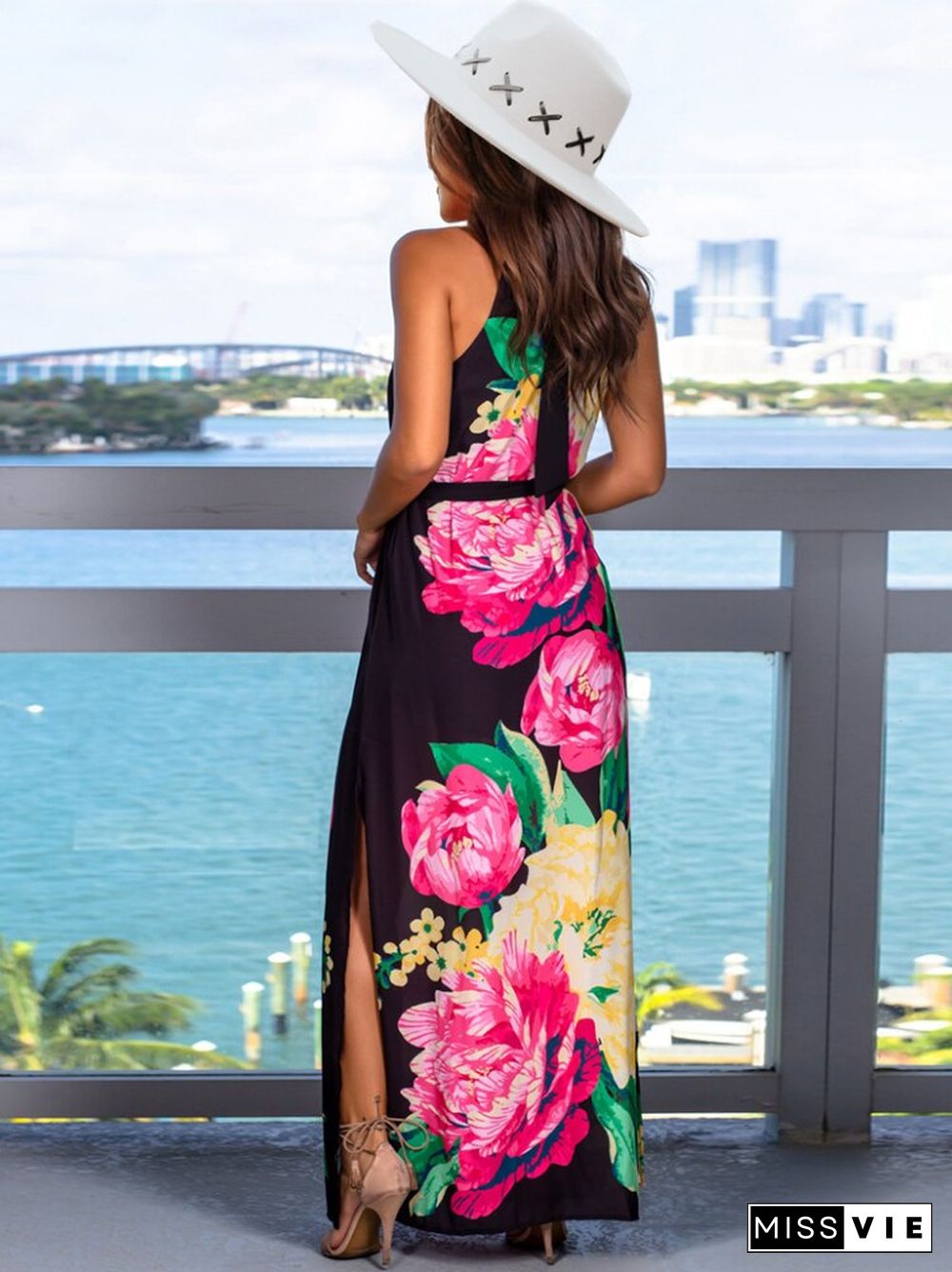 New Summer Printed Dress Slim Sleeveless Slit Bandage Long Skirt Fashion Temperament Commuter Women's Wear Dresses Women