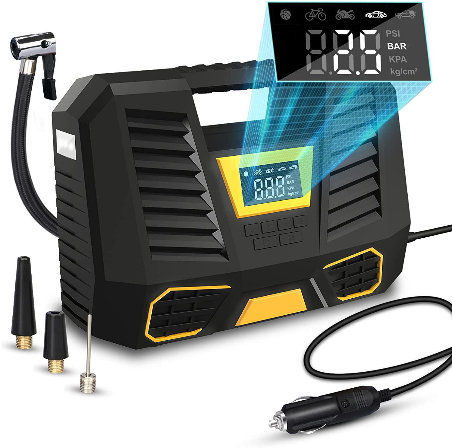 tEokEibEno Portable Air Compressor Tire Inflator，12V DC Car Pump with Digital Pressure Gauge