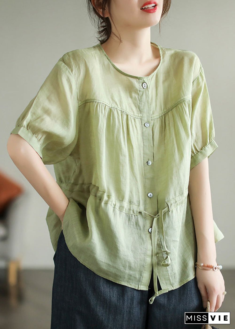 Chic Green O-Neck Patchwork Wrinkled Tie Waist Solid Ramie Shirt Short Sleeve