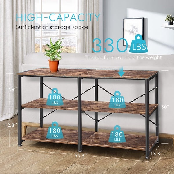 55 Inch Narrow Console Table， Industrial Sofa Table Behind Couch with 3-Tier Storage Shelves， Metal Frame， Easy Assembly