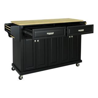 Black Wood 60.50 in. Kitchen Island with Drawers and doors LN20232960