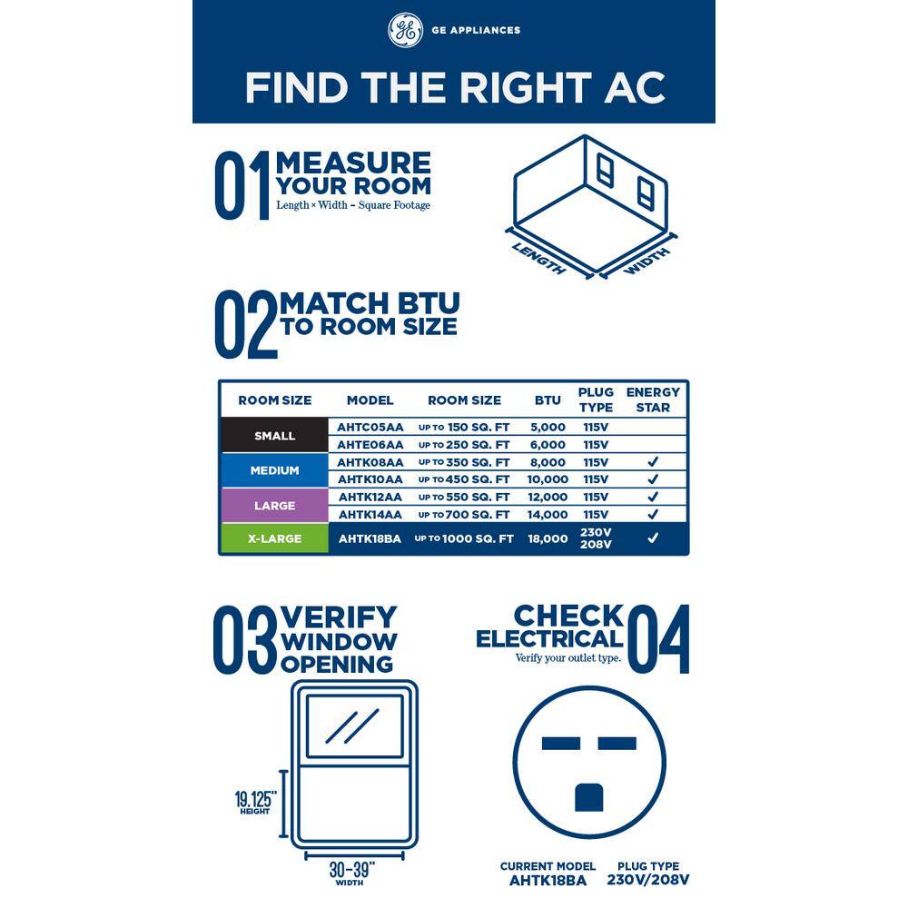 GE 1830017800 BTU 230208-Volt Window Air Conditioner for 1000 sq ft Rooms with WiFi and Remote in White ENERGY STAR AHTK18BA