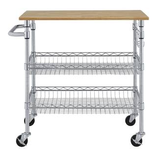 StyleWell Gatefield Chrome Metal Rolling Kitchen Microwave Cart with Natural Wood Top and Tiered Shelves (36