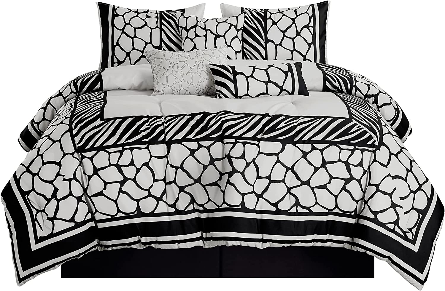 Chezmoi Collection Basa 7-Piece Safari Black/Chalk Zebra Giraffe Animal Print Bedding Comforter Set， California King