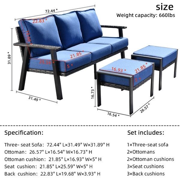 OVIOS Outdoor 3piece Wicker Sectional Sofa Set With Ottoman Steel Frame