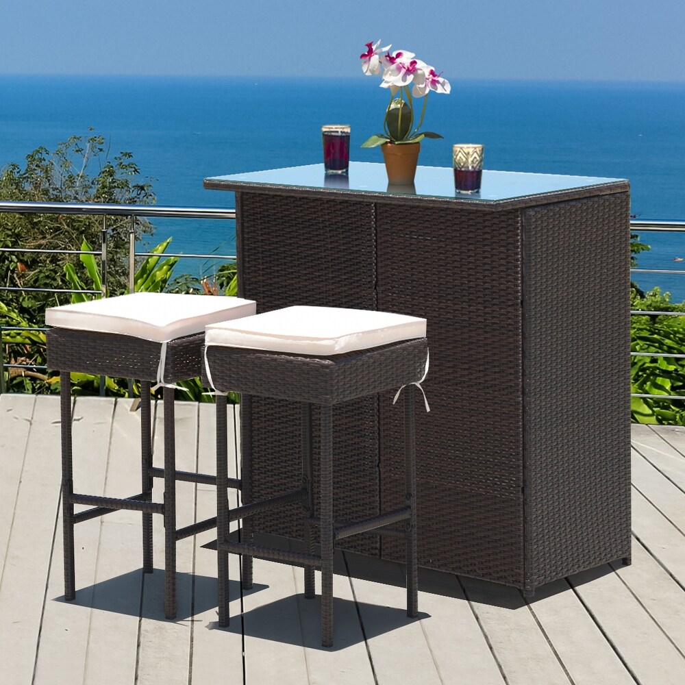 Costway 3PCS Patio Rattan Wicker Bar Table Stools Dining Set Cushioned   3 Piece Sets