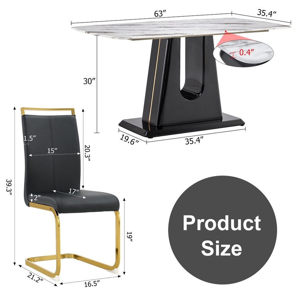 1 table and 4 chairs. Modern  simple and luxurious white imitation marble rectangular table and desk with 4 white PU leg