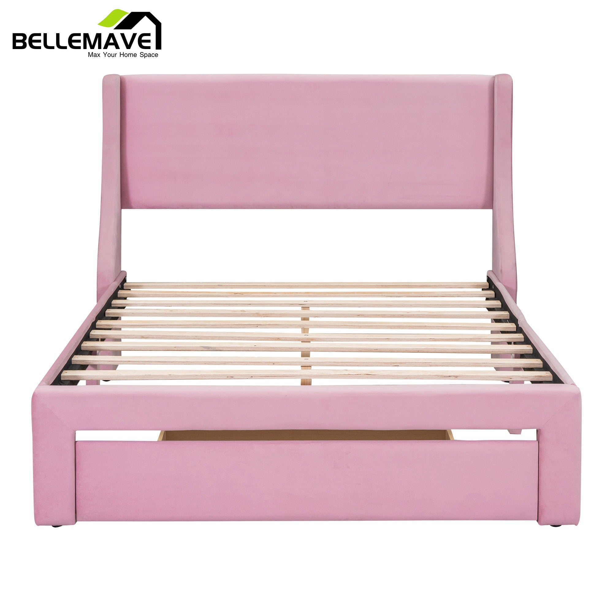 Bellemave Full Size Pink Velvet Upholstered Platform Bed with One Spacious Drawer and Wood Slats, Wood Frame Full Size Paltform Bed for Kids Teen Adults