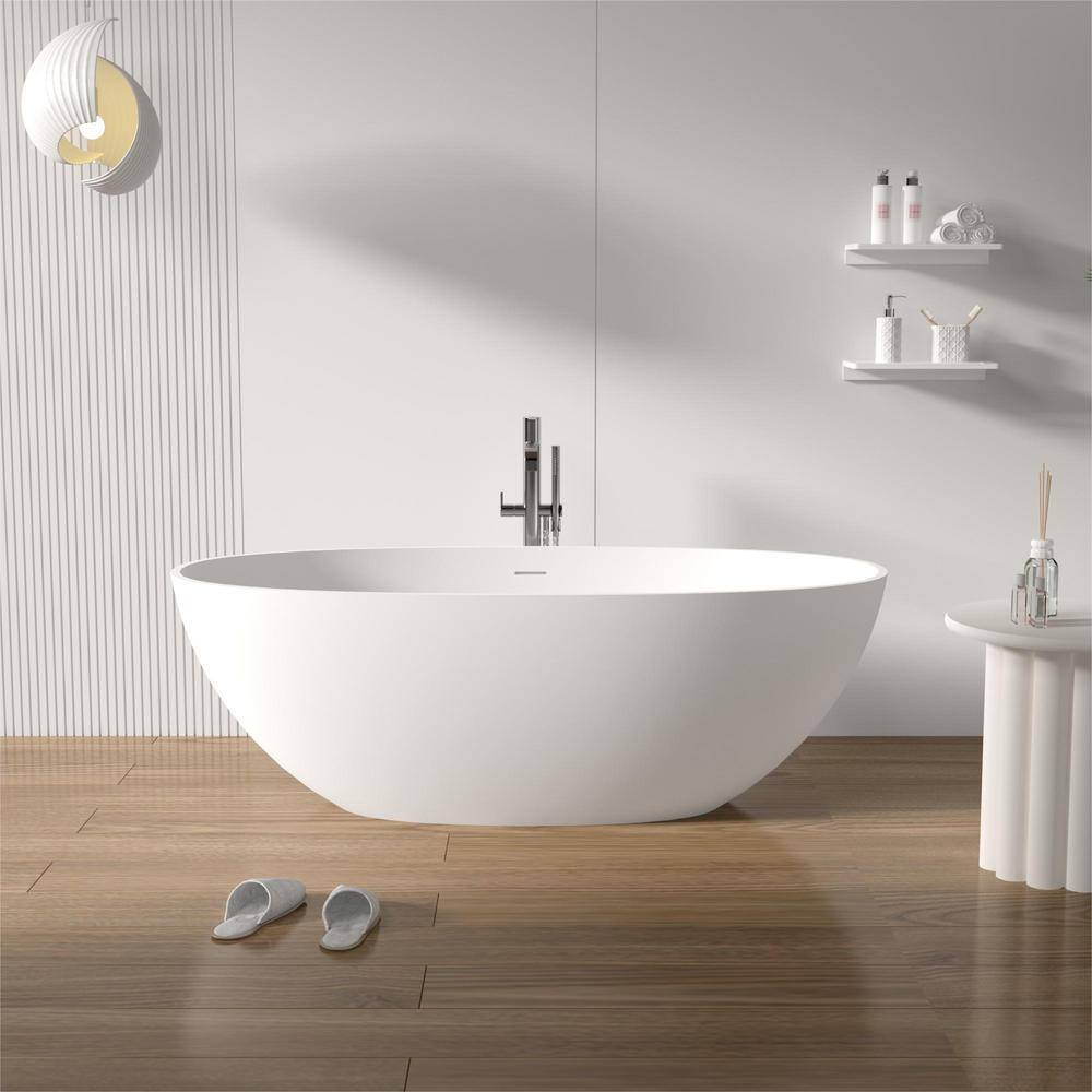 Abruzzo 65 in. x 29.5 in. Freestanding Soaking Solid Surface Bathtub with Center Drain in Matte White 22S06-65