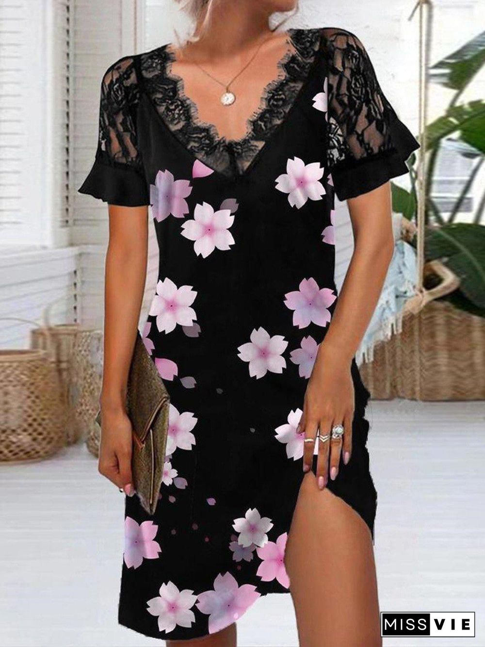 Women's Lace Short Sleeve V Neck Print Fashion Casual Dress