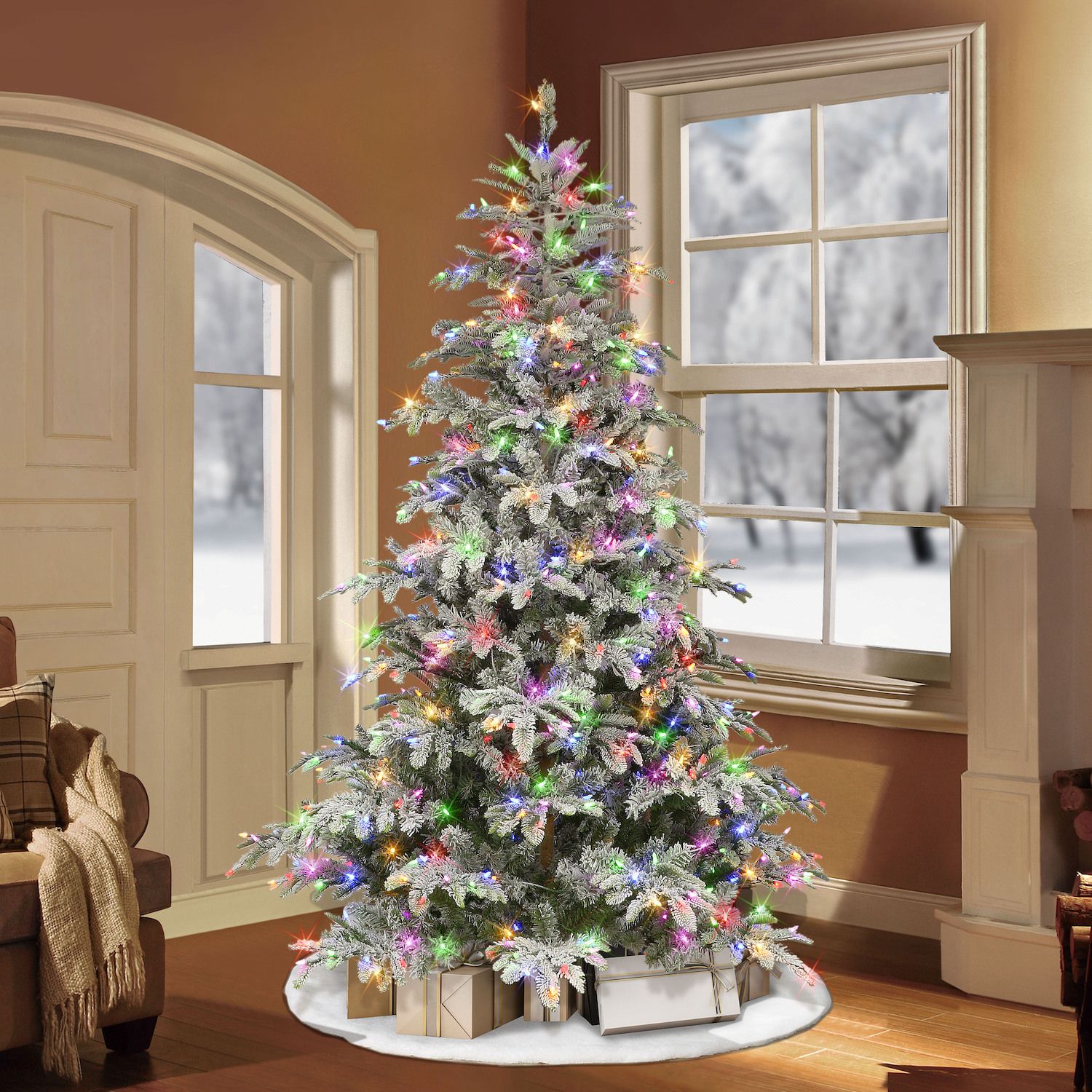 Puleo International 7.5-ft. Pre-Lit Flocked Aspen Fir Artificial Christmas Tree