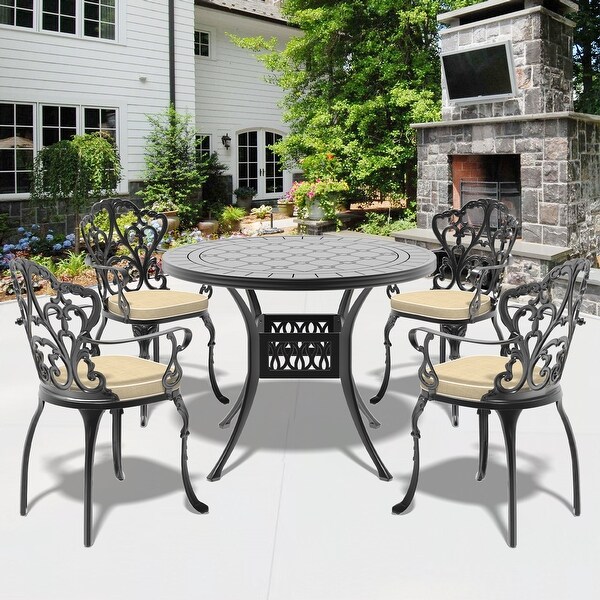 3/5 Piece Cast Aluminum Outdoor Dining Set with 39.37 in. Round Table and Random Color Seat Cushions